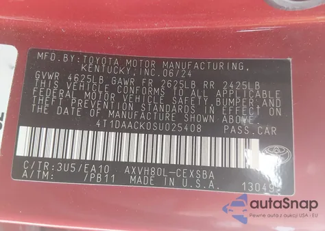 2025 Toyota Camry Se z USA, uszkodzony, nr VIN 4T1DAACK0SU025408